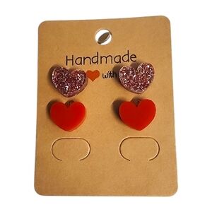 Ruby Blush Sparkle Heart Acrylic Stud Earrings - 2 Pair